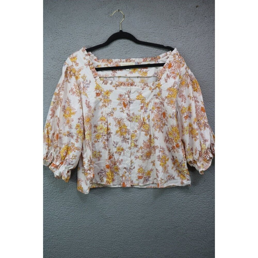 Cynthia Rowley Short Puff Sleeve Cropped Floral Top-Linen‎ Blend-Size Small